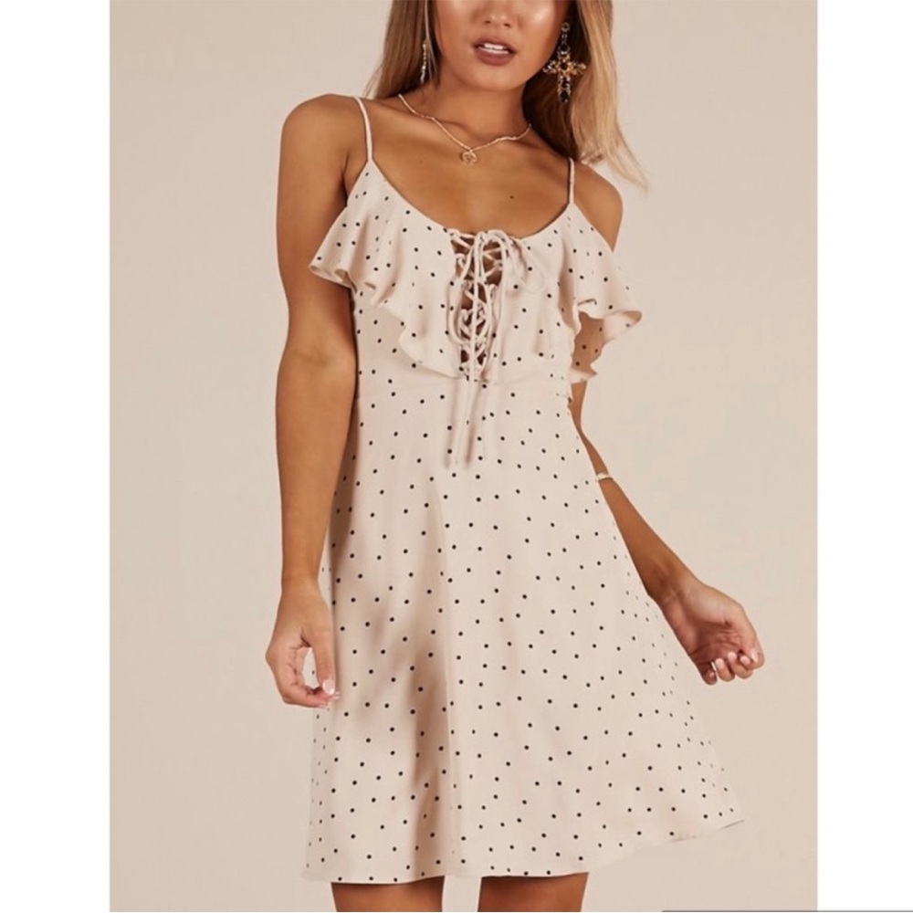 Showpo Cream & Navy Polka Dot Dress - Picture 2 of 7